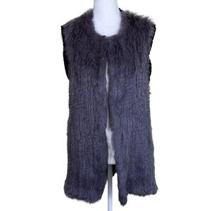 525 America Luxe Gray Rabbit Fur Open Front Vest With Chunky Knit Back Luxury M